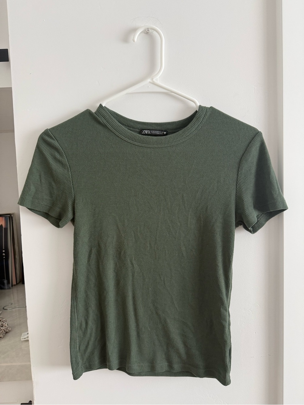 Zara Deep Olive Ribbed Crewneck Tee